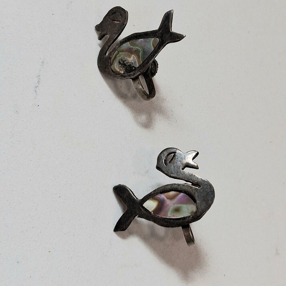 Vintage Sterling Silver Mexico Taxco Abalone Screwback Earrings Bird Duck READ - Picture 4 of 6